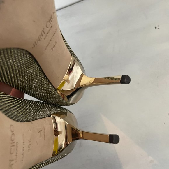 Jimmy Choo Peep Toe Pumps Sz 36.5 Gold Glitter High Stiletto Heels - Picture 9 of 11